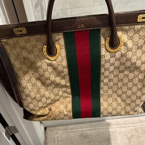 Gucci Beige and Brown Monogram Tote with Red and Green Accent